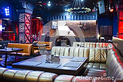 Interior of Modern Night Club with Lighting and Sound Equipment Stock Photo