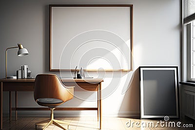 Interior of modern office with white walls, tiled floor, wooden computer table with brown chair and vertical mock up poster frame Stock Photo