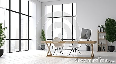 Interior of modern office with white walls, wooden floor, white computer table with white chairs and shelves with folders Stock Photo