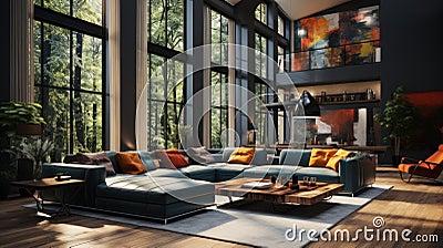 Interior of modern open to below living area in luxury cottage. Stylish colored cushioned furniture, coffee table Stock Photo