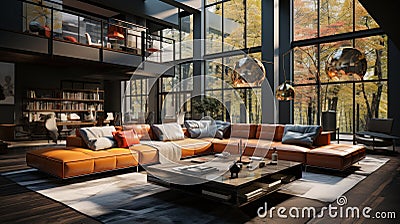 Interior of modern open to below living area in luxury cottage. Stylish colored cushioned furniture, coffee table Stock Photo