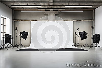 Interior of modern photo studio with empty white poster and equipment. Mock up, 3D Rendering, Embroidery floral abstract fantasy Stock Photo