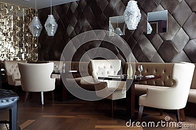 Interior of modern restaurant, tables and chairs in empty luxury room, generative AI Stock Photo