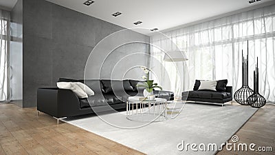 Interior of modern room with black couch 3D rendering 2 Stock Photo