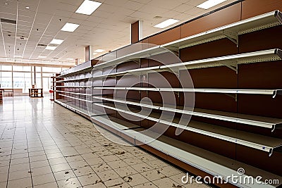 Interior of a modern shopping mall with rows of empty shelves, Food shortage in a generic supermarket. Empty shelves, AI Generated Stock Photo