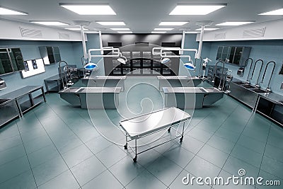 Interior of a morgue in a modern hospital. Concept death, autopsy, cause of death, funeral, funeral services. 3D illustration, 3D Cartoon Illustration