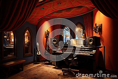 Interior of a musical room with a piano and a guitar, Professional studio recording booth, AI Generated Stock Photo