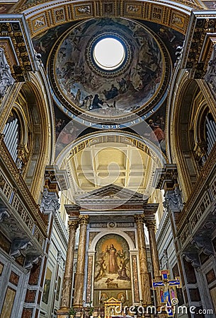 interior of the nave of the Basilica sacro cuore with detail of the ceiling and circular dome, Rome, Italy. Editorial Stock Photo