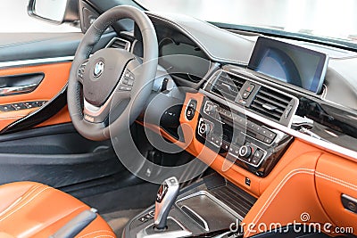 Interior of new flagship model BMW 7 Series full-size luxury sedan Editorial Stock Photo