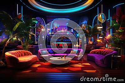 Interior of a night club with neon lights, 3D rendering, Interior of a night club with bright lights. Night club. A decorated Stock Photo