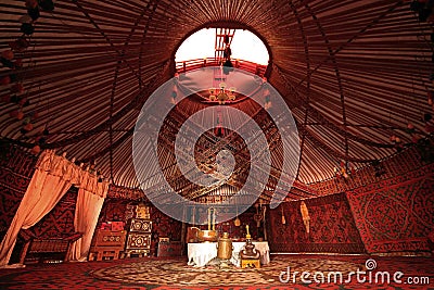 Interior of nomadic tent known as yurt, Kazakhstan Editorial Stock Photo