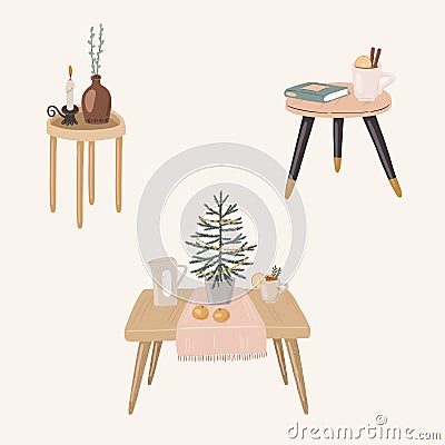 Scandinavian interior objects vector set. Cozy home during Christmas time. Hygge conceptual art. Vector Illustration