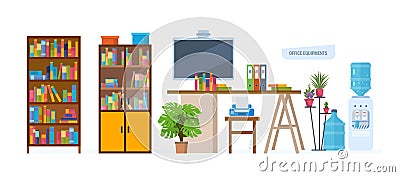 Interior of office with decorations, workplace, accessories, plants, bottled water. Vector Illustration