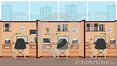 Interior office room flat design with big window including three isolated work spaces with furniture. Vector Illustration