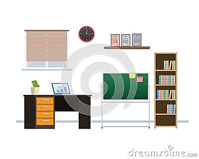 Interior of office working room with furniture, interactive whiteboard, chandelier. Vector Illustration