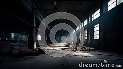 Interior of an old abandoned factory. Dark toned image. Stock Photo