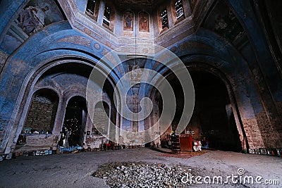 Interior of old abandoned Orthodox church of Smolensk icon of the mother of god with remnants of fresco Stock Photo