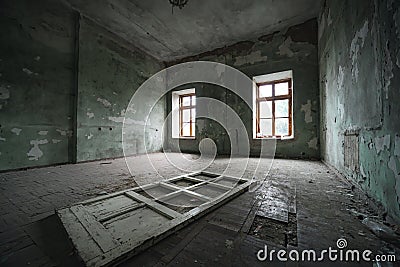 Interior of an old abandoned rooms, a lot of garbage, old furniture and antiquities destroyed, rooms need repair, old dust and Stock Photo