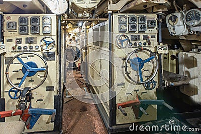 Interior of old abandoned Russian Soviet submarine Editorial Stock Photo