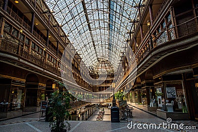 Interior of the Old Arcade and Hyatt Hotel in Cleveland, OH, the United States Editorial Stock Photo