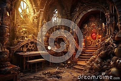 Interior of the old castle. 3D render. Fantasy, AI Generated Stock Photo