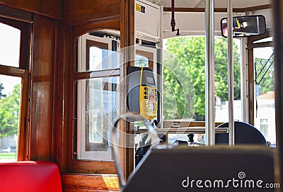 Interior of a old famous yellow elevator tram 28 Editorial Stock Photo