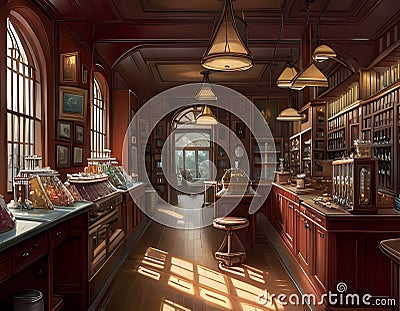 interior of an old-fashioned candy shop with sweets displayed on wooden shelves, cabinets and counters. generative ai Cartoon Illustration