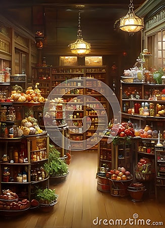 The interior of an old fashioned food shop with vegetables, fruit and jars of food on shelves. Cartoon Illustration