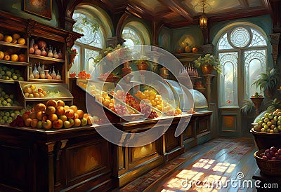 interior of an old fashioned fruit shop with products on display on shelves and counters Stock Photo
