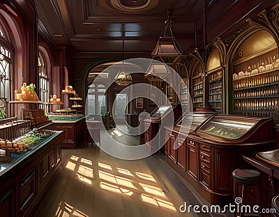 interior of an old-fashioned red shop with goods displayed on wooden shelve, cabinets and counters. generative ai illustration Cartoon Illustration