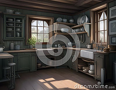 the interior of an old fashioned rural kitchen with a wooden ceiling and table with light reflected on the floor. Stock Photo