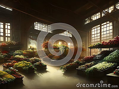 interior of an old-fashioned wholesale flower market with colorful blooming flowers on display Stock Photo