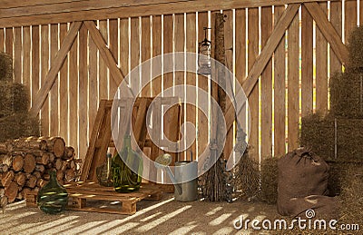The interior of the old rural barn with bales of hay, firewood, tools for work. Rays of light through the cracks inside. 3D visual Stock Photo