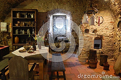 Interior of old traditional restaurant with served wooden table Editorial Stock Photo