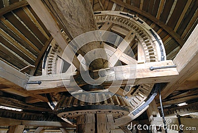 Interior of the old wooden windmill Stock Photo