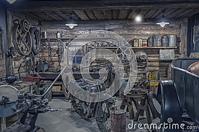 Interior of an old workshop, small garage equipment Editorial Stock Photo