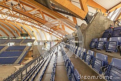 Interior of the Olympic Stadium with wooden structures. Hakons Hall Stock Photo