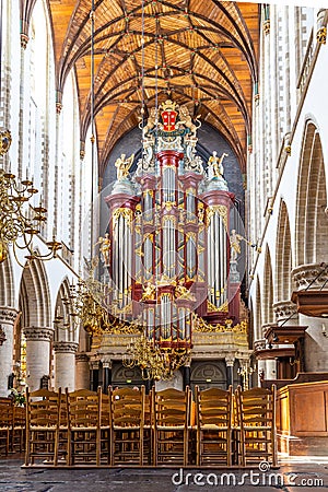 Interior with organ of the Saint Bavo Church in Haarlem in the Netherlands Editorial Stock Photo