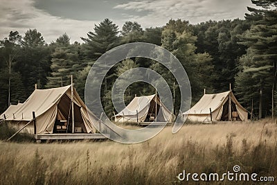 camping travel glamping nature tent luxury vacation forest light canvas. Generative AI. Stock Photo