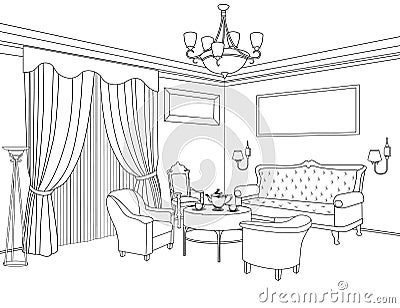 Interior outline sketch. Furniture. Architectural design Stock Photo