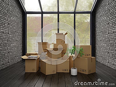 Interior with packed cardboard boxes for relocation 3D rendering Stock Photo