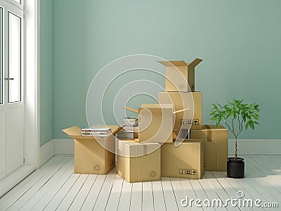 Interior with packed cardboard boxes for relocation 3D rendering Stock Photo