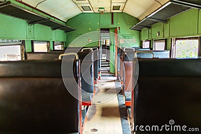 Interior of a passenger train carriage in Sri Lanka. Old and dirty wagon Editorial Stock Photo