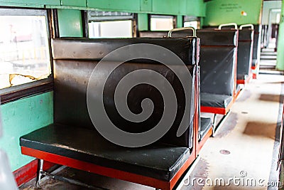 Interior of a passenger train carriage in Sri Lanka. Old and dirty wagon Stock Photo