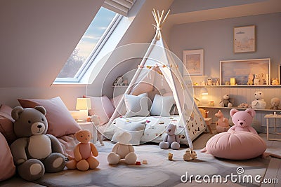 Interior of pastel kid bedroom with comfortable bed, desk and many doll. Girl bedroom. Generative Ai Cartoon Illustration