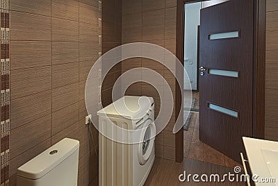 Interior photography, bathroom. Tidy white bathroom for convenient living. City accomodations interior. Stock Photo