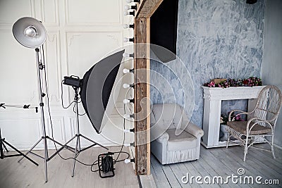 Interior of PhotoStudio flash light wall Chair Stock Photo