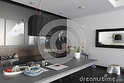 Interior with pictures of the horses on the monochrome wall Editorial Stock Photo