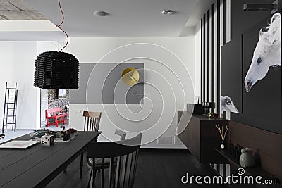 Interior with pictures of the horses on the monochrome wall Editorial Stock Photo