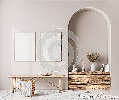 Interior poster mock up with vertical wooden frames, wooden bench, rattan basket and stylish home accessories Stock Photo